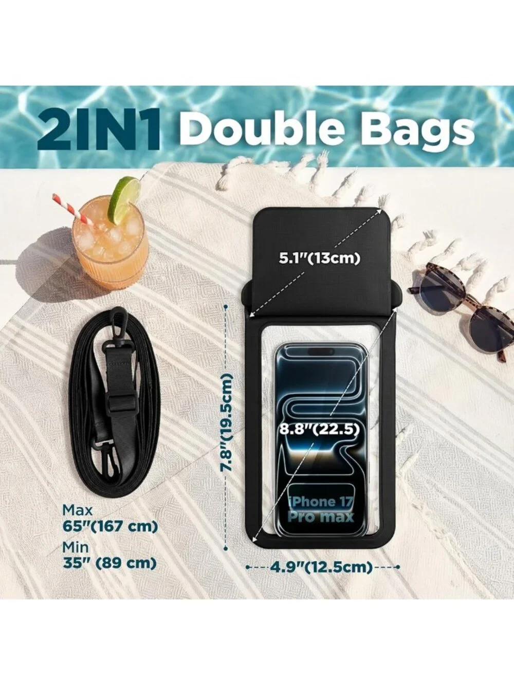 Waterproof Phone Pouch 2 Pack - IPX8 Case with Adjustable Lanyard for Beach